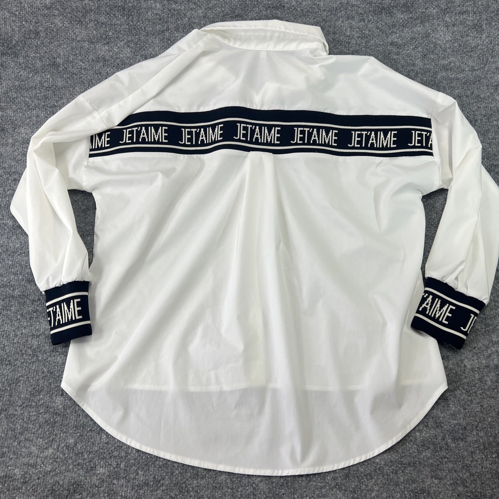 Top Women's button Up Blouse White "Jet'aime" (I‎ Love You) Size Large